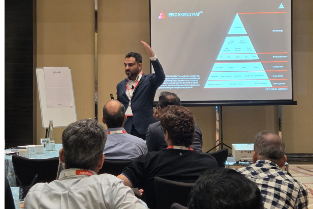 Saurabh Uboweja presenting the EPIC Brand Map™ framework during Building Epic Brands program in brand strategy.